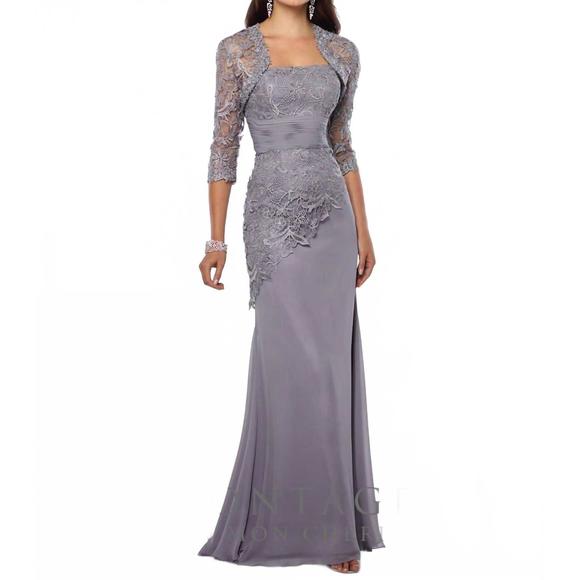 NEW MONTAGE BY MON CHERI two-piece chiffon and venise lace dress set in grey - Picture 1 of 3